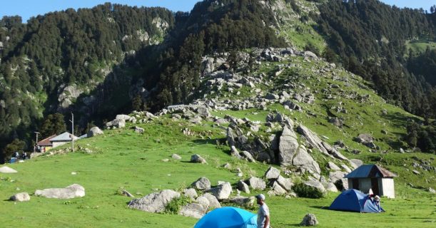 Beautiful scenic view to green forest valley at Triund Trek