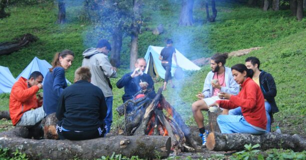 A diverse group of individuals gathered around a warm campfire, sharing stories and enjoying each other's company under the night sky.