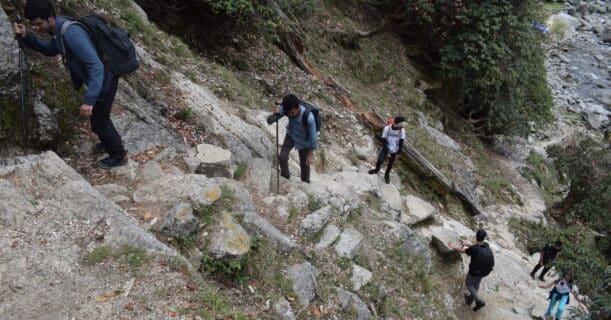 A gathering of trekkers climbs a steep, rocky trail surrounded by dense vegetation and a nearby stream.