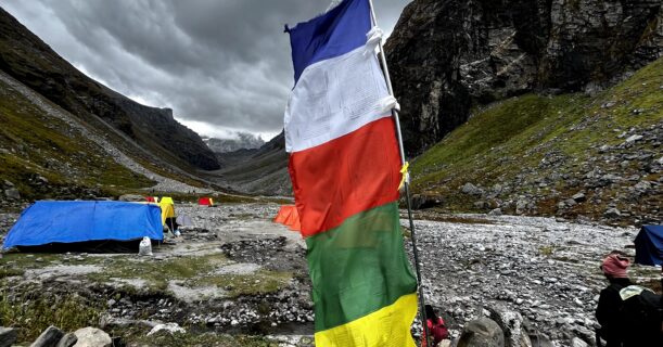 Hampta Pass Trek campsite in a Himalayan mountain valley