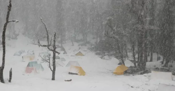 A serene winter scene featuring a cluster of tents blanketed in snow, with gentle snowflakes falling from the sky.