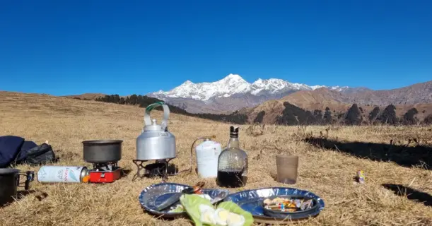 Outdoor cooking while trekking in the mountains