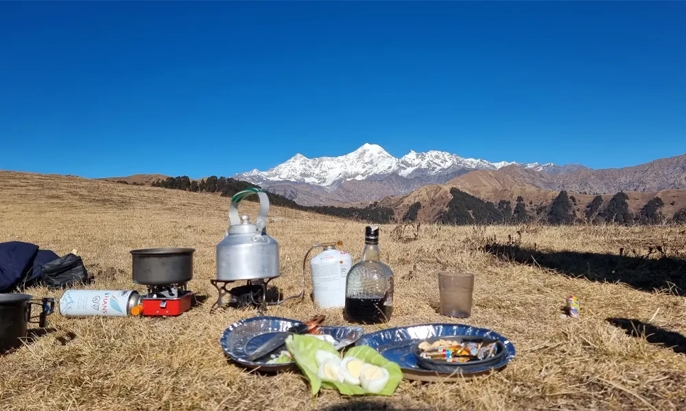 Outdoor cooking while trekking in the mountains