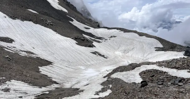 Snow-covered glacier trail descending from Pin Bhaba Pass on the Kafnu to Mudh trek route