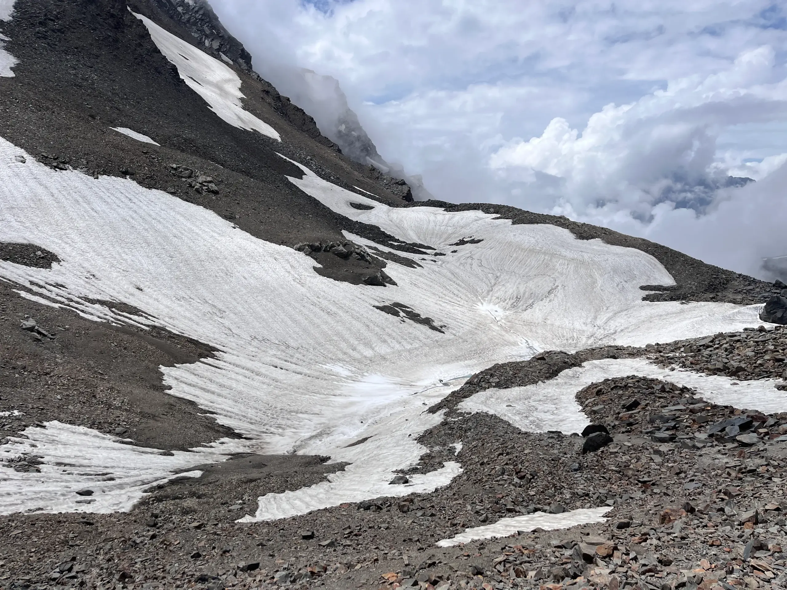 Snow-covered glacier trail descending from Pin Bhaba Pass on the Kafnu to Mudh trek route