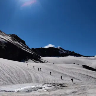 Trekkers walking across the snow-covered glacier near Pin Parvati Pass under a bright sun and clear blue sky.