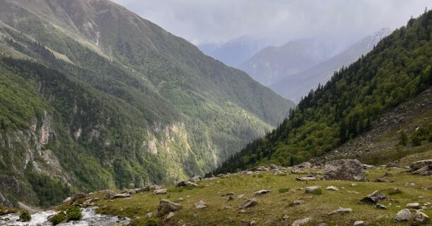 Flowing mountain stream through green valleys and forested slopes on the Yulla Kanda trek in Himachal Pradesh